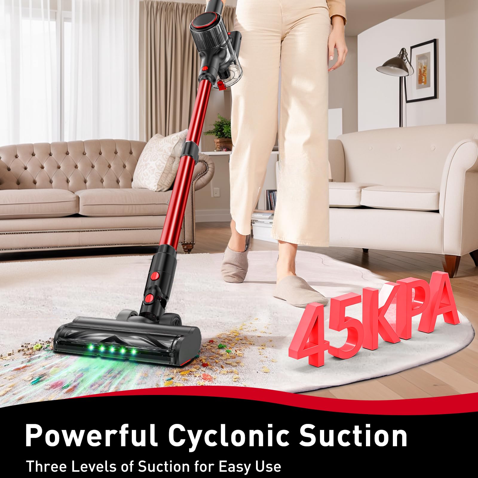 OUYFHK cordless vacuum showing the LED display for battery and mode.