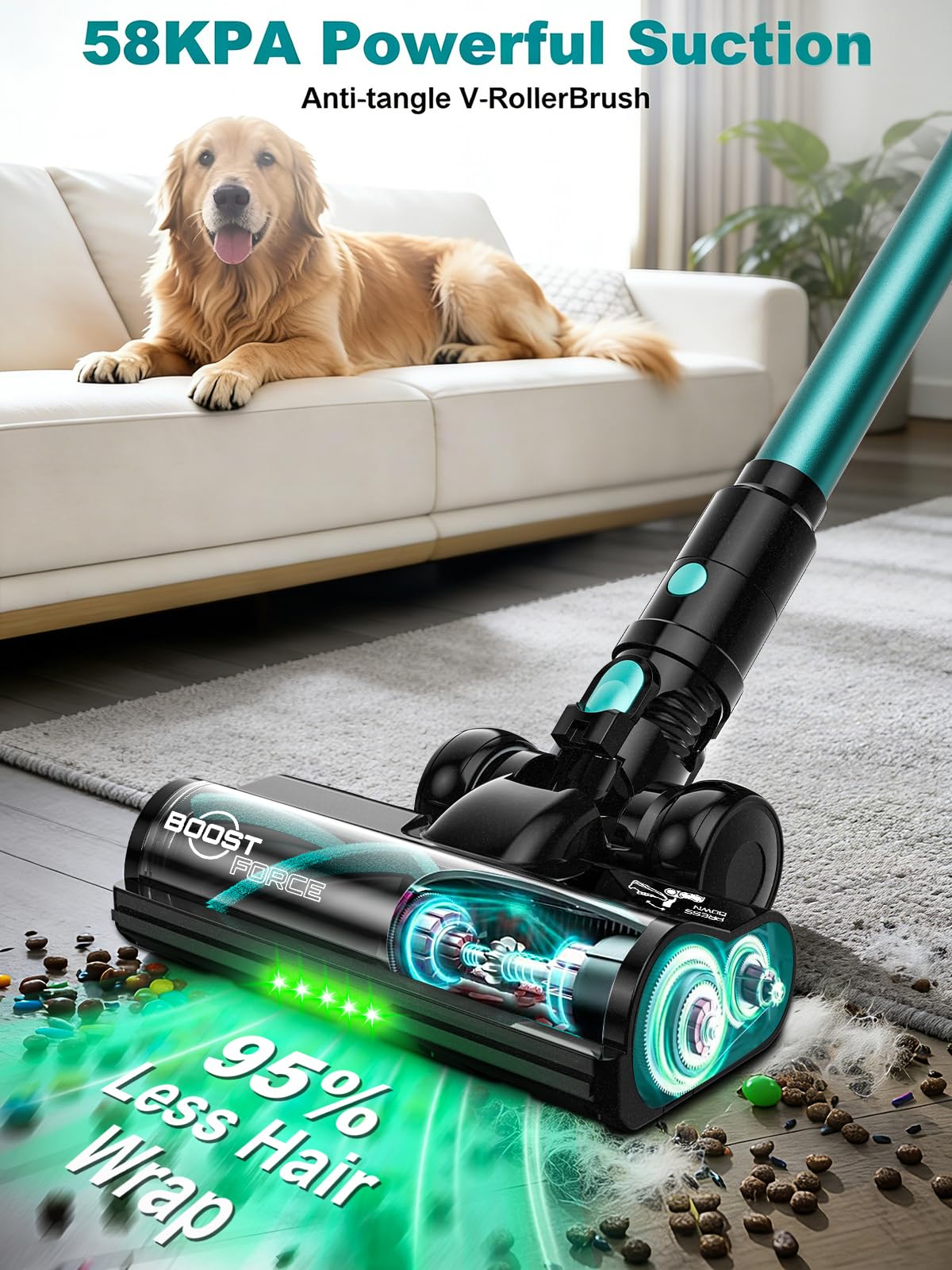 OUYFHK vacuum shown with 55-minute runtime and wall-mount dock for convenient charging.