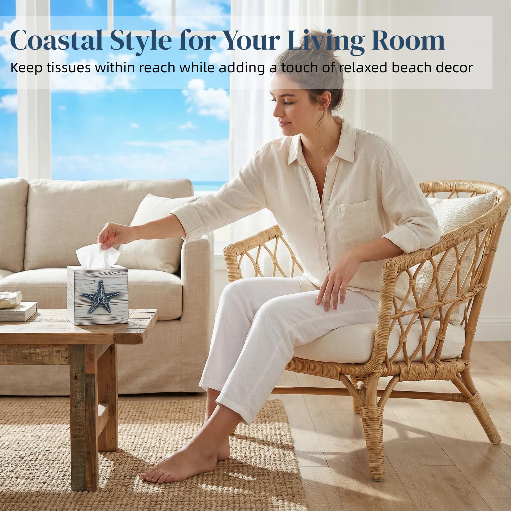 Ovimyne coastal tissue box cover's distressed wooden finish adds vintage coastal charm.