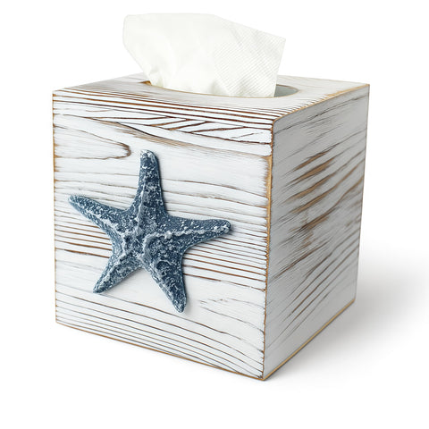 Ovimyne coastal tissue box cover with retro wood and starfish for beachy bathrooms.