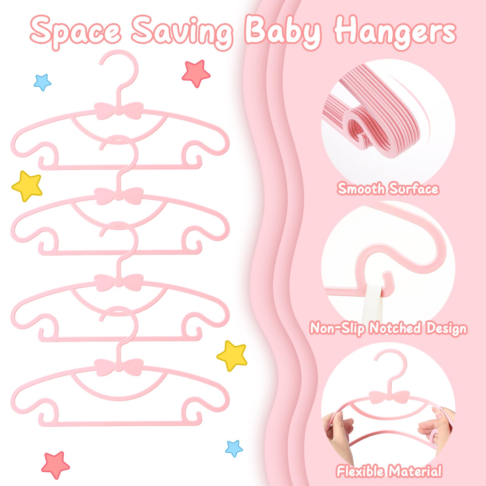 Ovveroche pink baby hanger with curved shoulders preserving garment shape