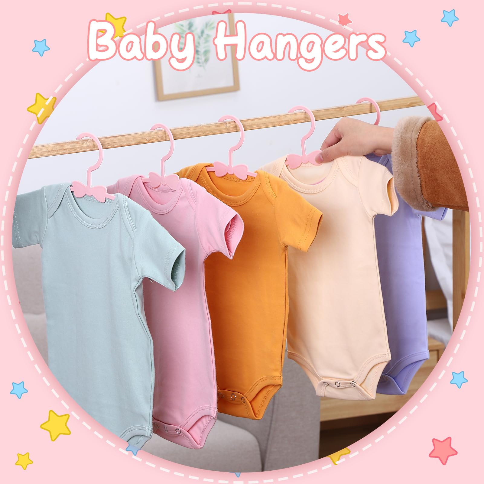 Ovveroche pink baby hanger on a standard closet bar for quick organization