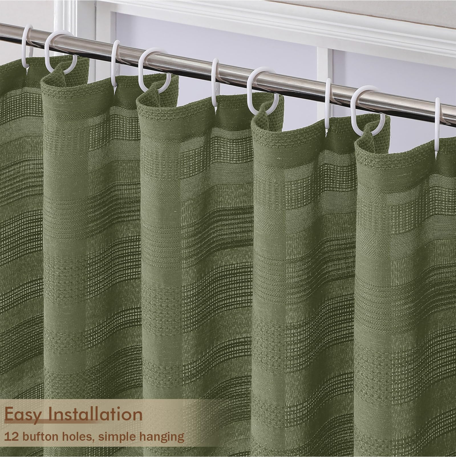 OVZME Sage Green Shower Curtain header with buttonholes simplifies setup
