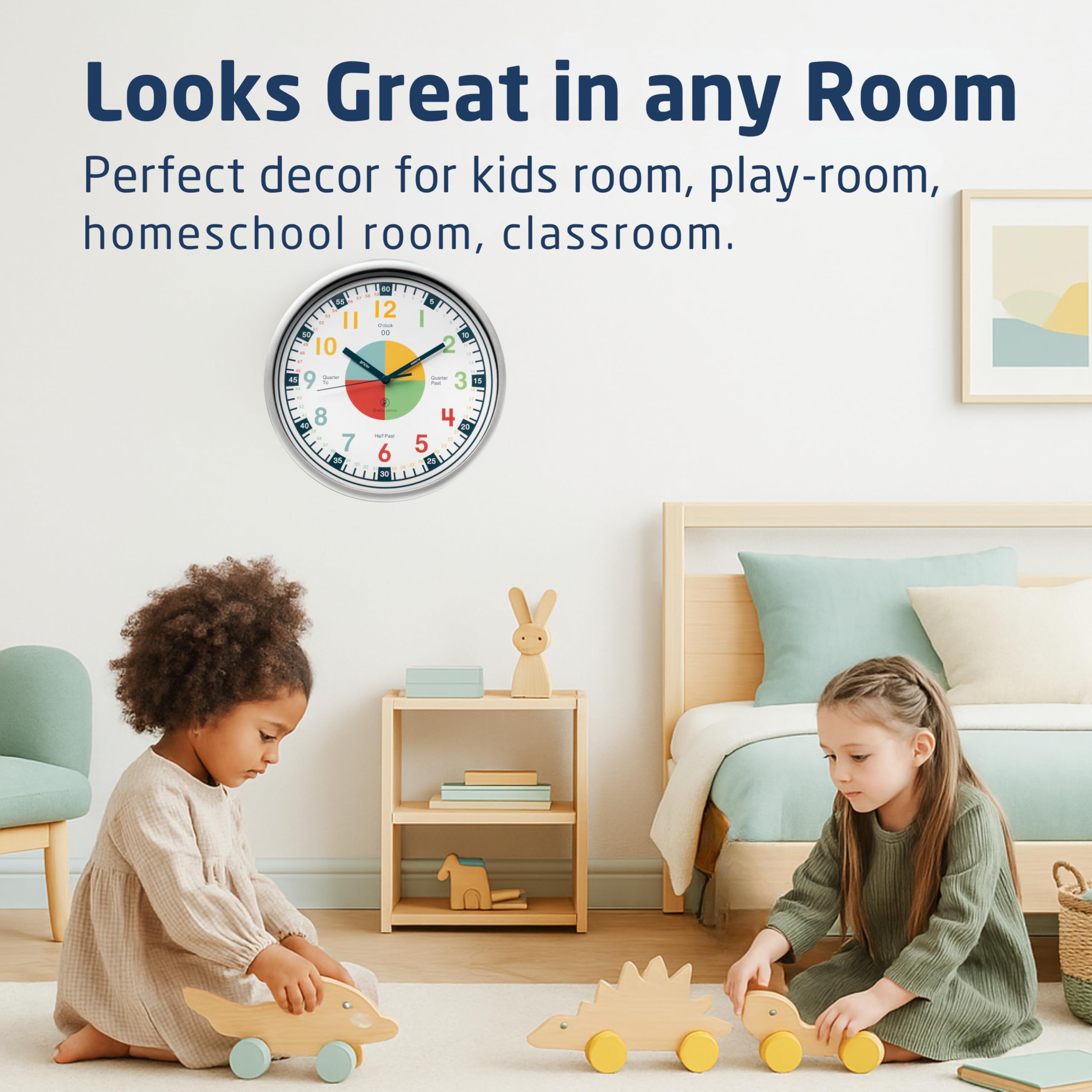 OWLCONIC Teaching clock helps phrases like o clock and half past in context.