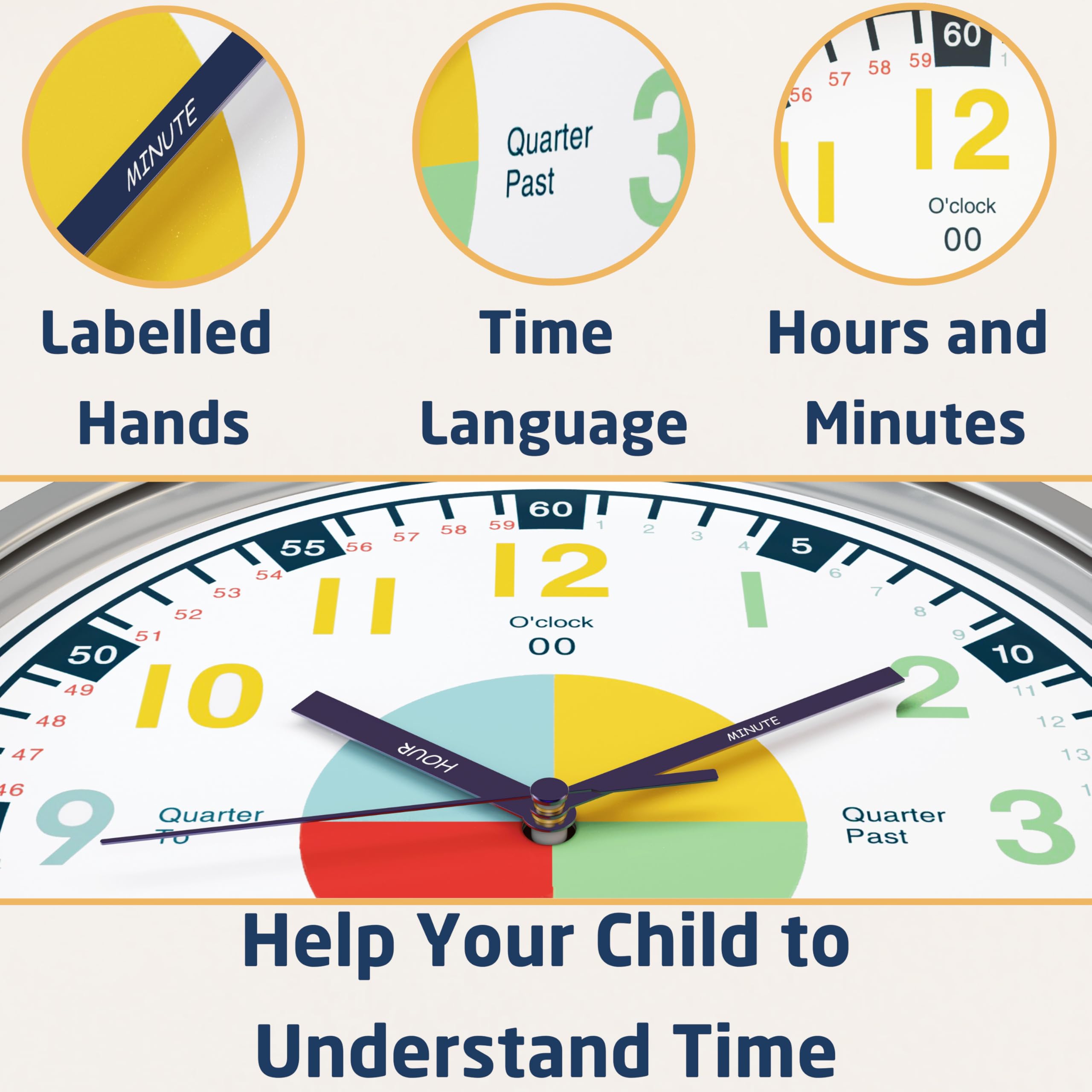 OWLCONIC Clock with visual time sections supports easy learning of hours and minutes.