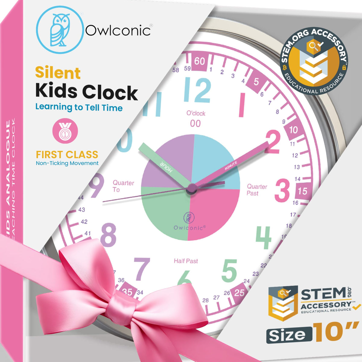 OWLCONIC kid clock pastel pink face promotes clear time reading for beginners