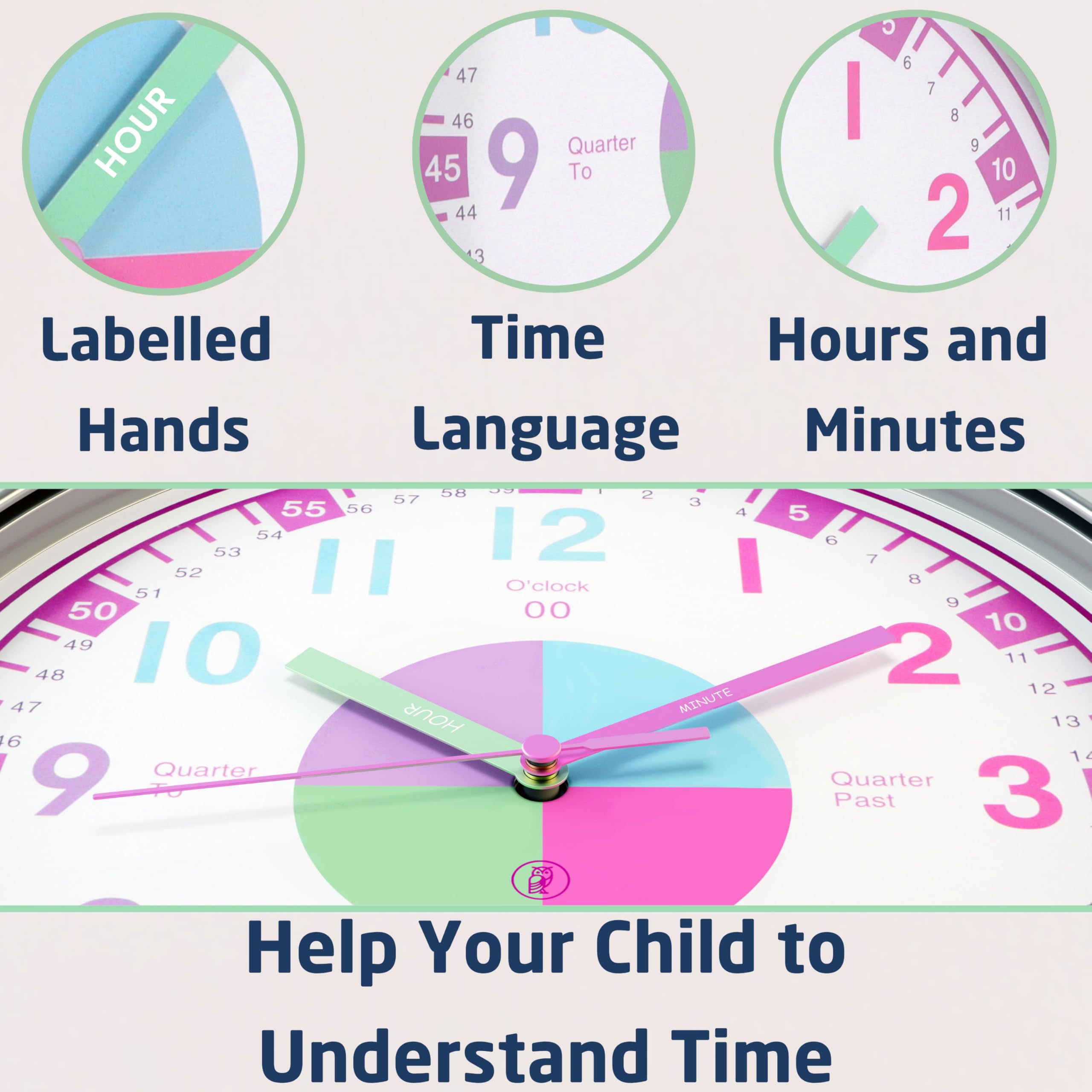OWLCONIC clock pastel pink hour and minute hands clearly show time for easy learning