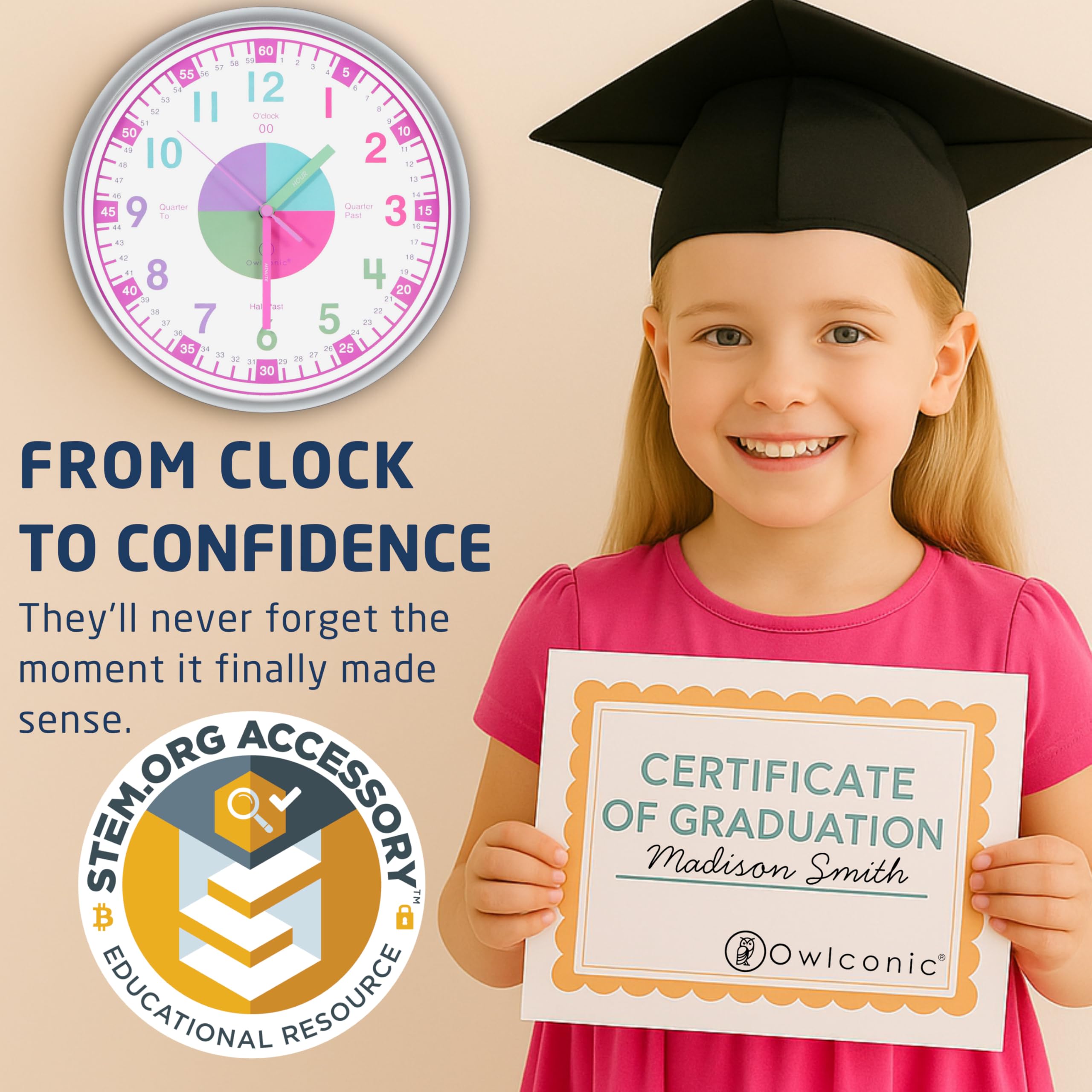 OWLCONIC sensory-friendly clock pastel pink finish enhances calm play and learning