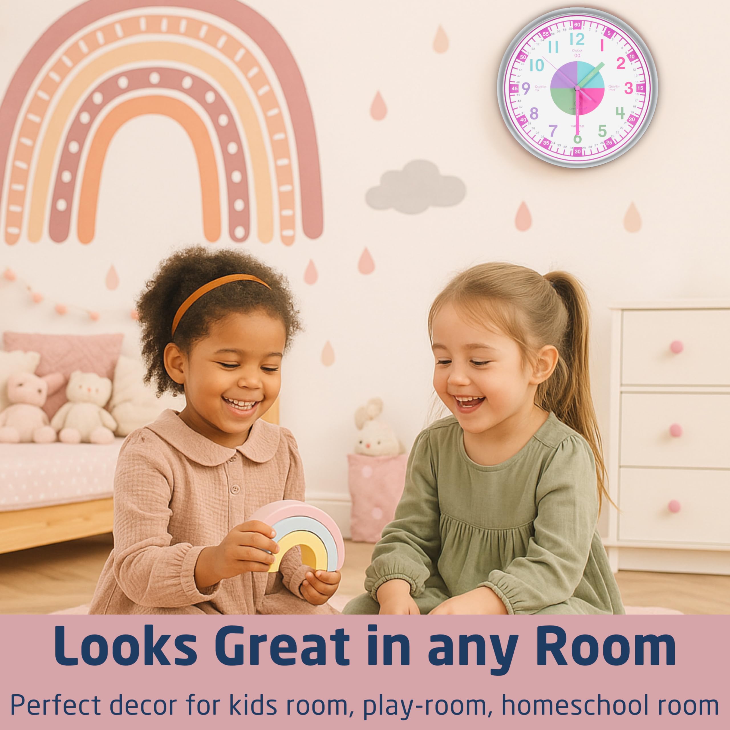 OWLCONIC teaching tool clock pastel pink helps teachers illustrate o'clock and halves
