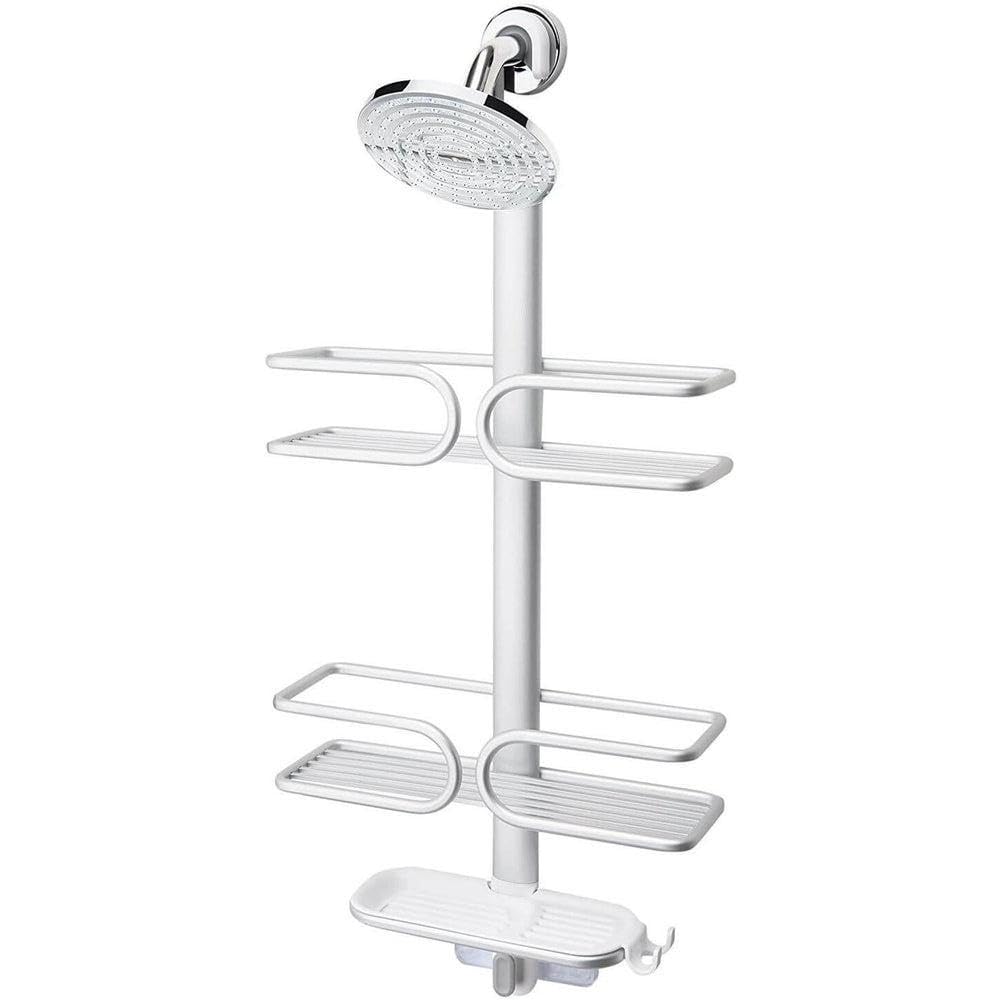 OXO Good Grips 3-Tier Aluminum Shower Caddy front view with spacious shelves for tall bottles