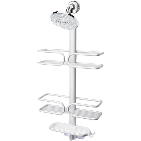 OXO Good Grips 3-Tier Aluminum Shower Caddy front view with spacious shelves for tall bottles
