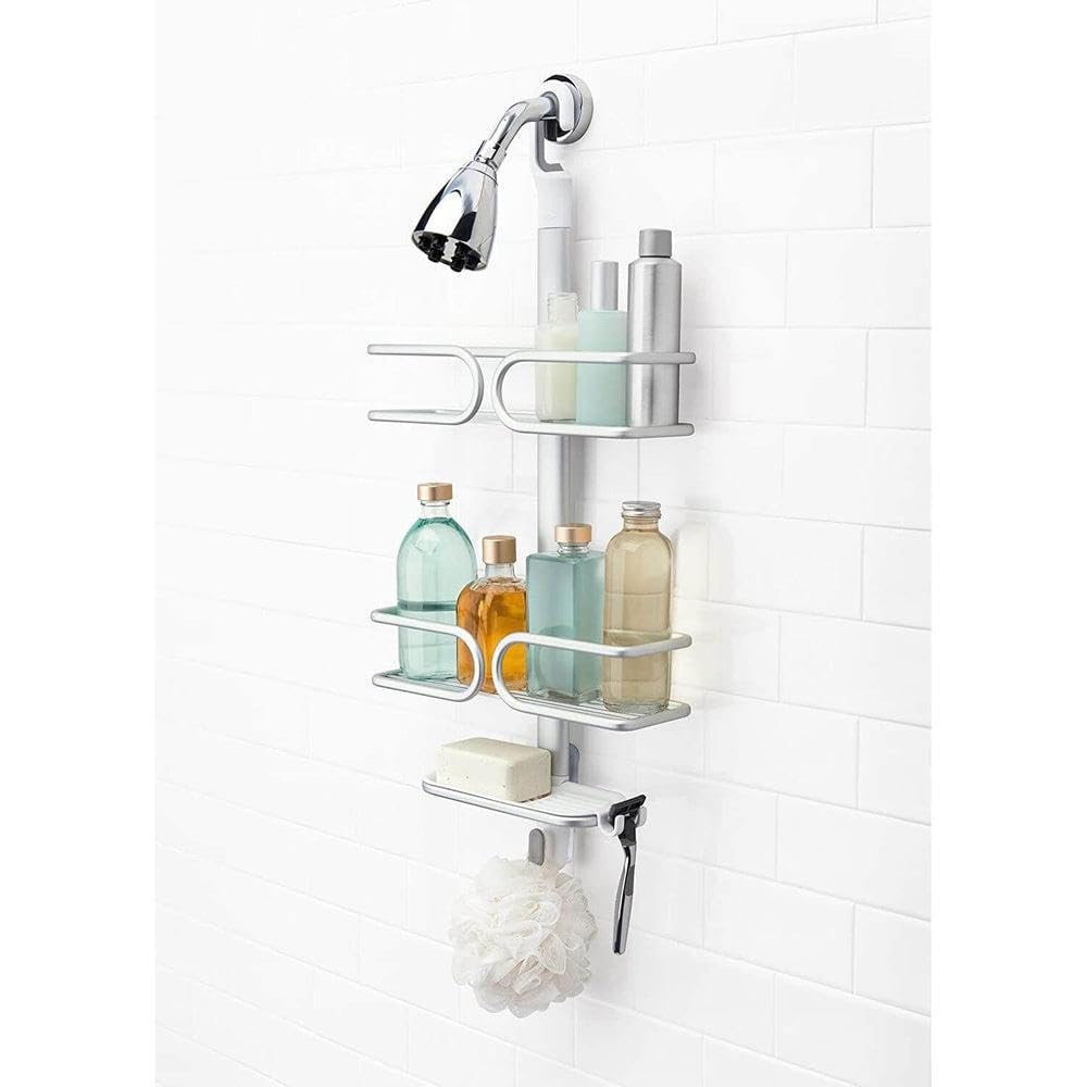 OXO Good Grips 3-Tier Aluminum Shower Caddy side view shows compact footprint for small showers