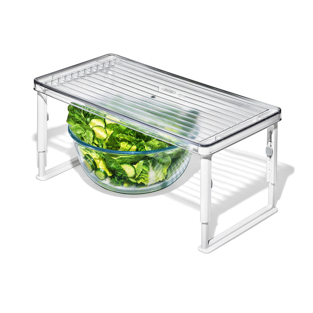 OXO Good Grips Adjustable Fridge Shelf Riser front view shows five height options