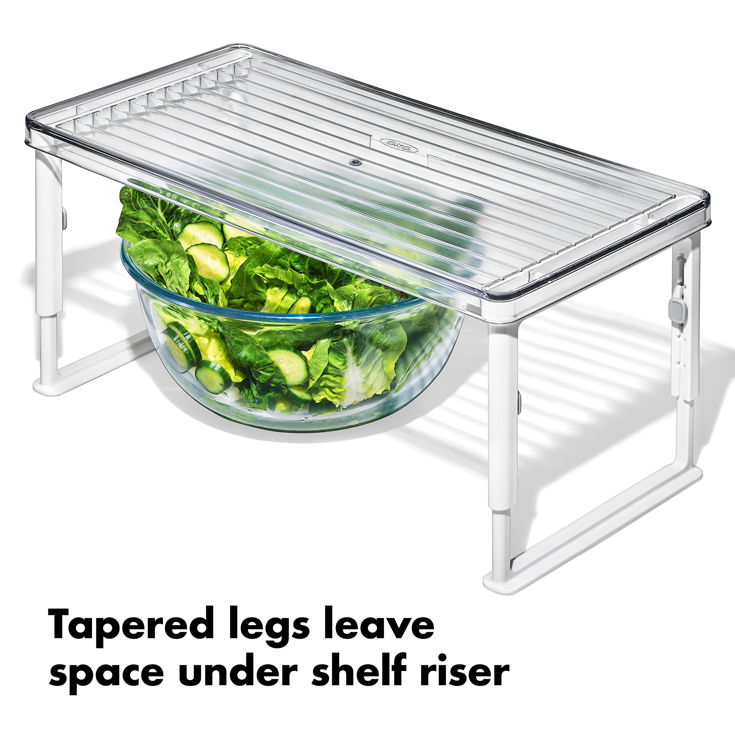 Non-slip feet keep the OXO Good Grips Riser secure on shelves