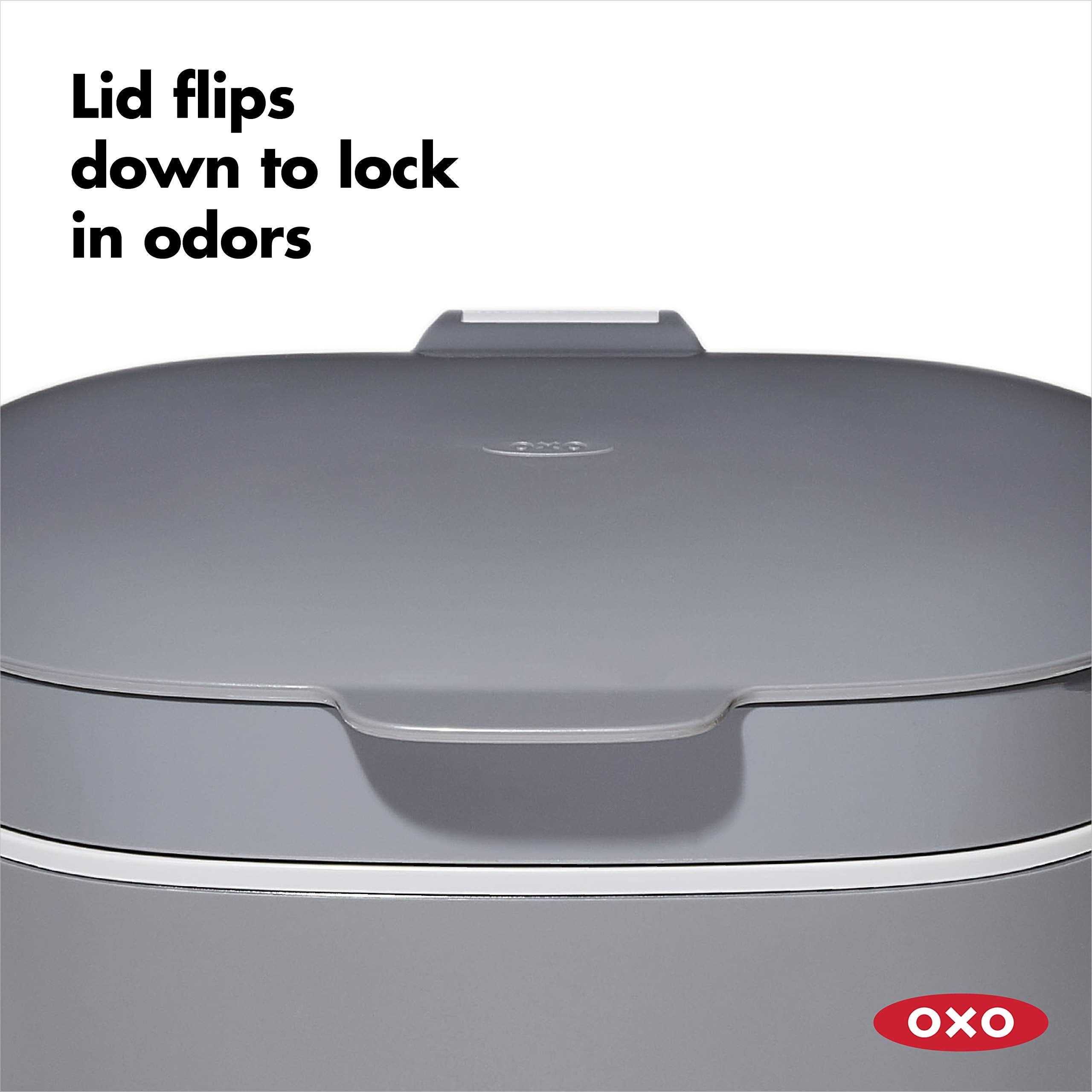 OXO Good Grips soft-close lid helps contain odors while allowing airflow.