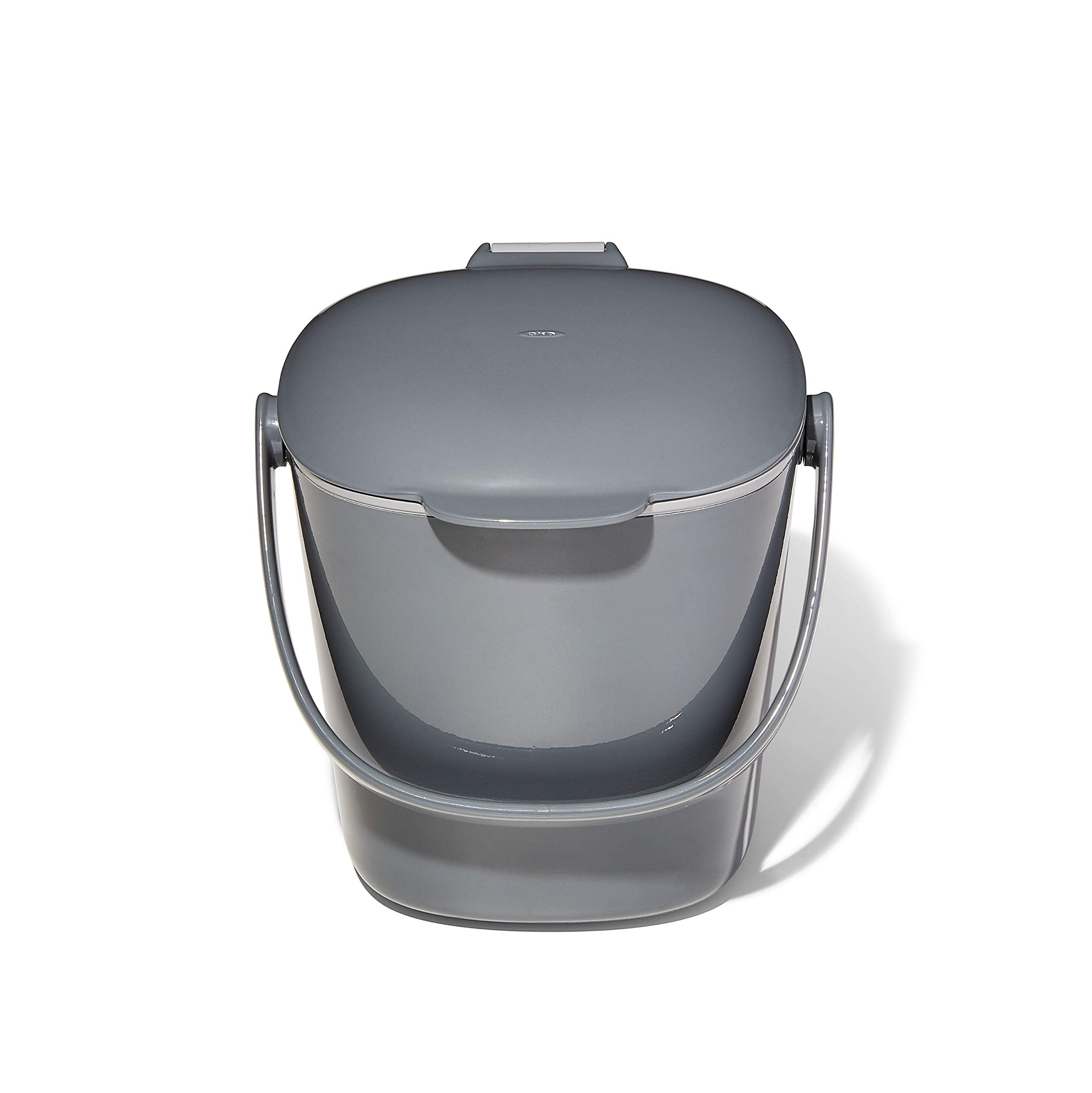 OXO Good Grips compost bin with charcoal lid open for easy one-handed filling.