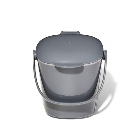 OXO Good Grips compost bin with charcoal lid open for easy one-handed filling.