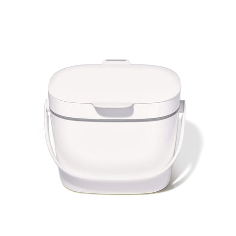 OXO Good Grips compost bin, front view, compact countertop design for easy kitchen waste.