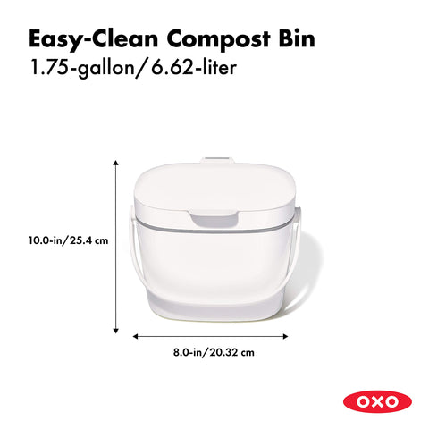 OXO Good Grips compost bin with lid open, easy access while cooking.