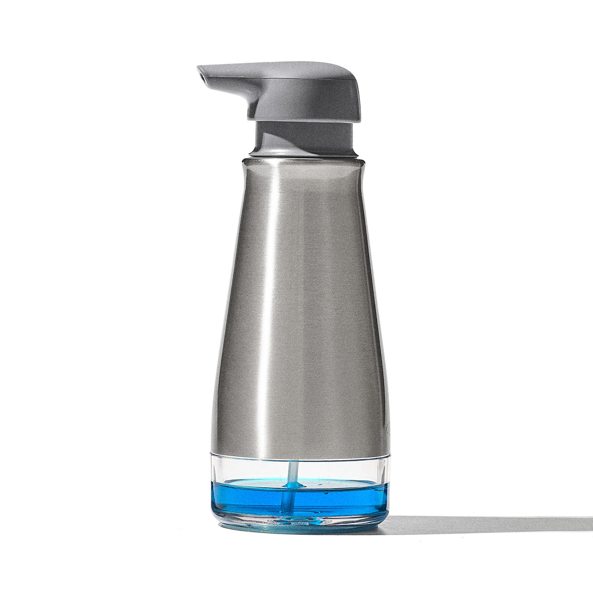 OXO Good Grips foaming soap dispenser with brushed stainless finish for a sleek, fingerprint-resistant look.