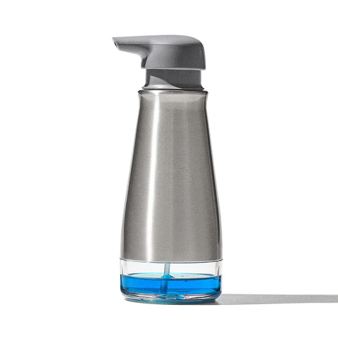 OXO Good Grips foaming soap dispenser with brushed stainless finish for a sleek, fingerprint-resistant look.