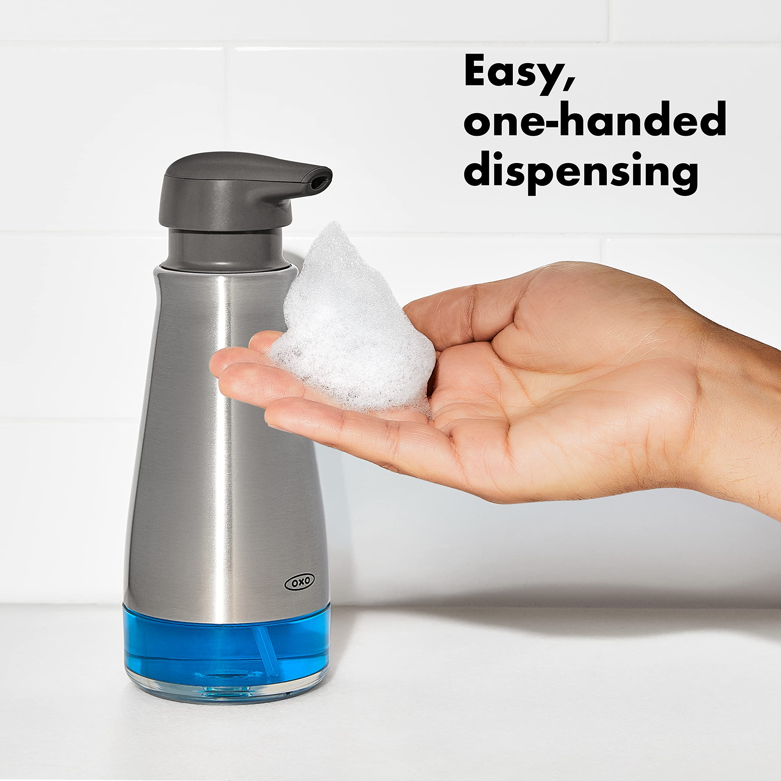 One-handed use demonstrated on the OXO Good Grips foaming soap dispenser.