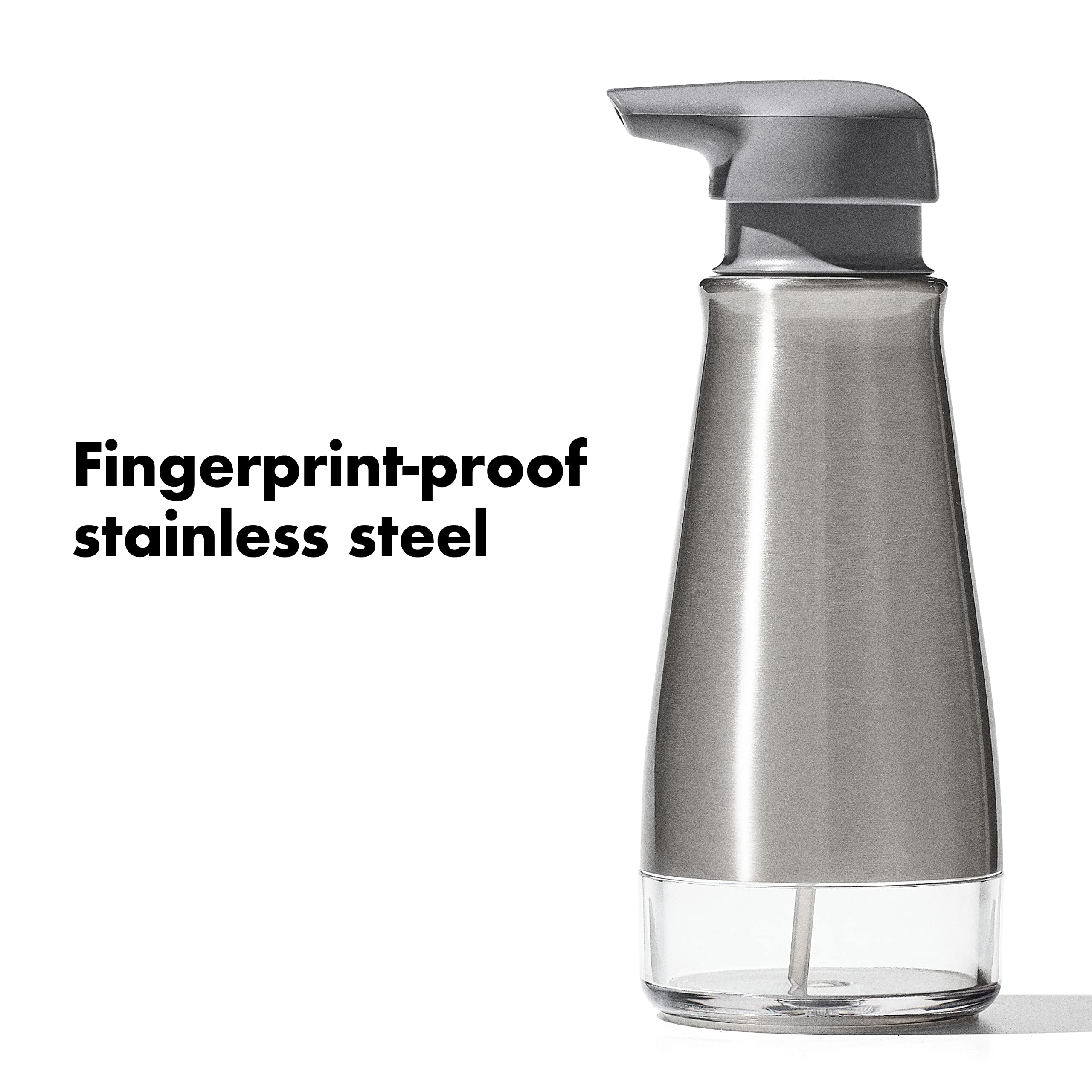 Soft pump head on the OXO Good Grips foaming soap dispenser for comfortable operation.