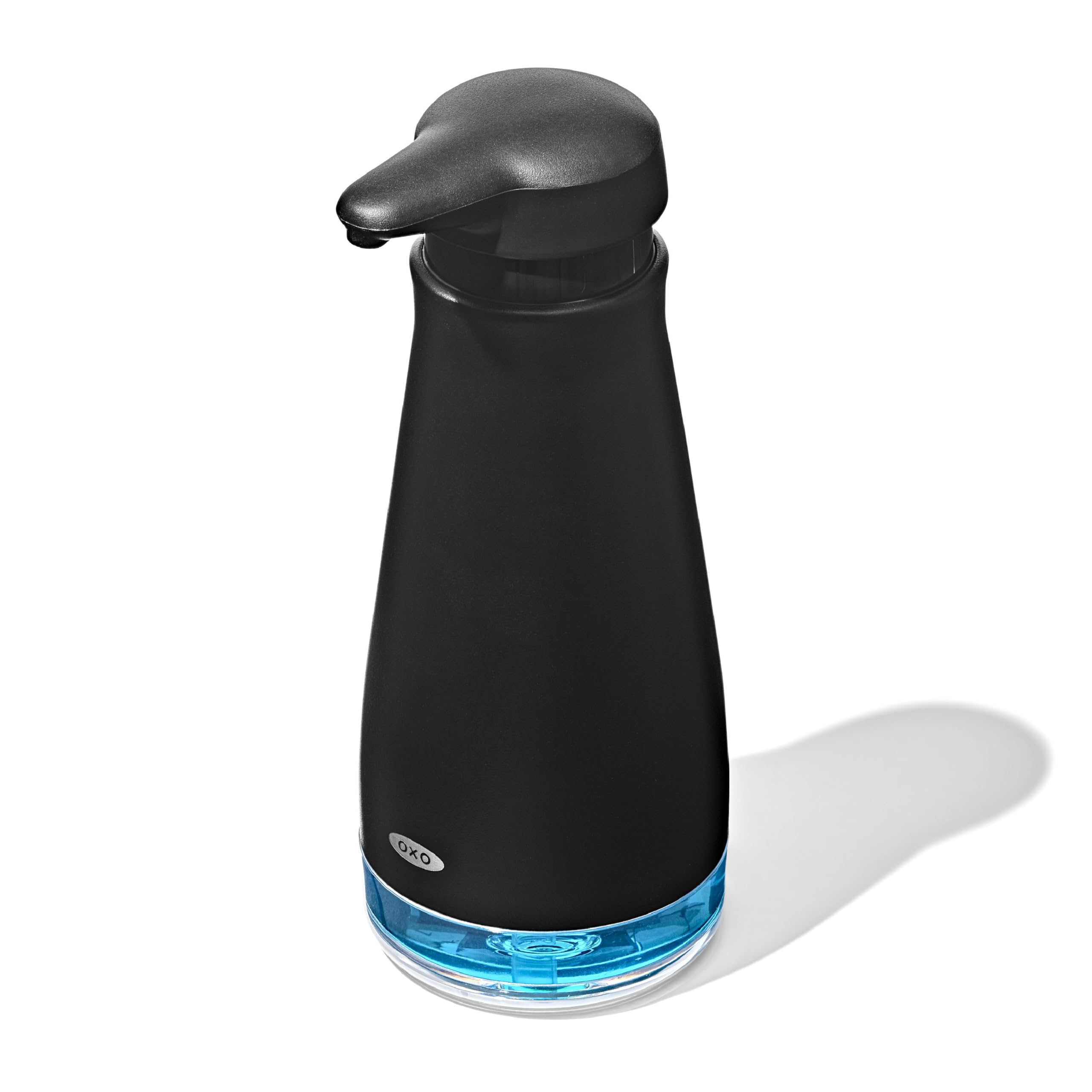 OXO Good Grips black dispenser front view ready for easy kitchen handwashing
