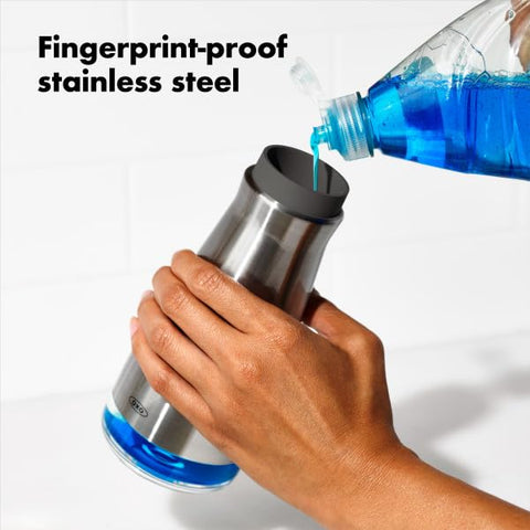OXO Good Grips dispenser with brushed stainless steel finish resists fingerprints.
