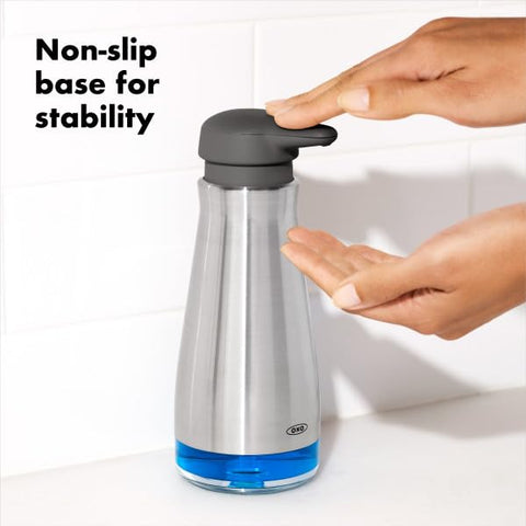OXO Good Grips dispenser clear window shows remaining soap easily.