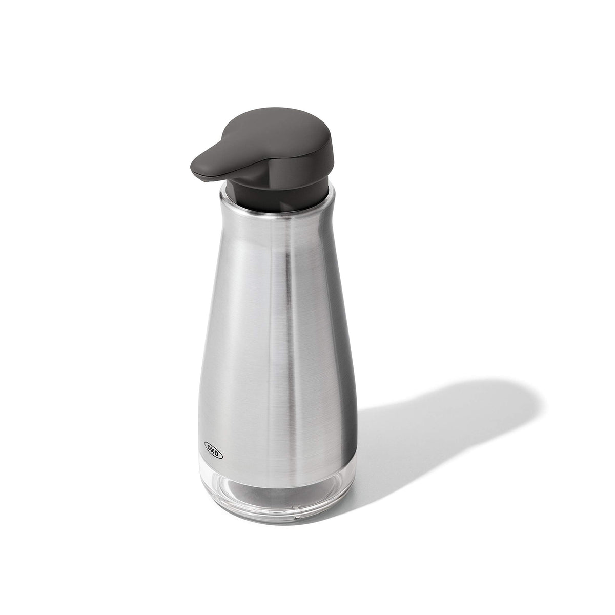 OXO Good Grips stainless steel soap dispenser pump for easy one-handed use.