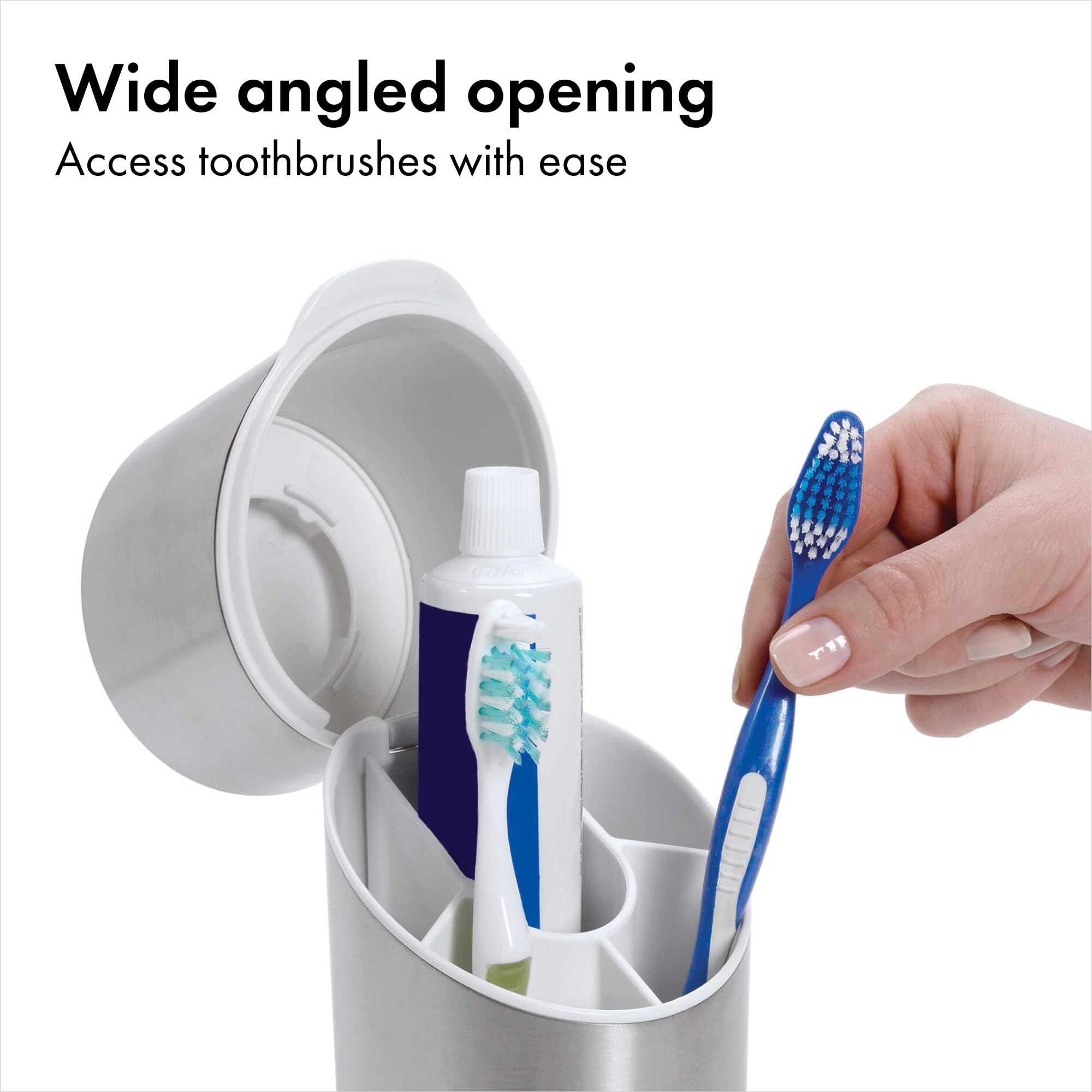 OXO Good Grips stainless toothbrush holder on countertop for tidy setup