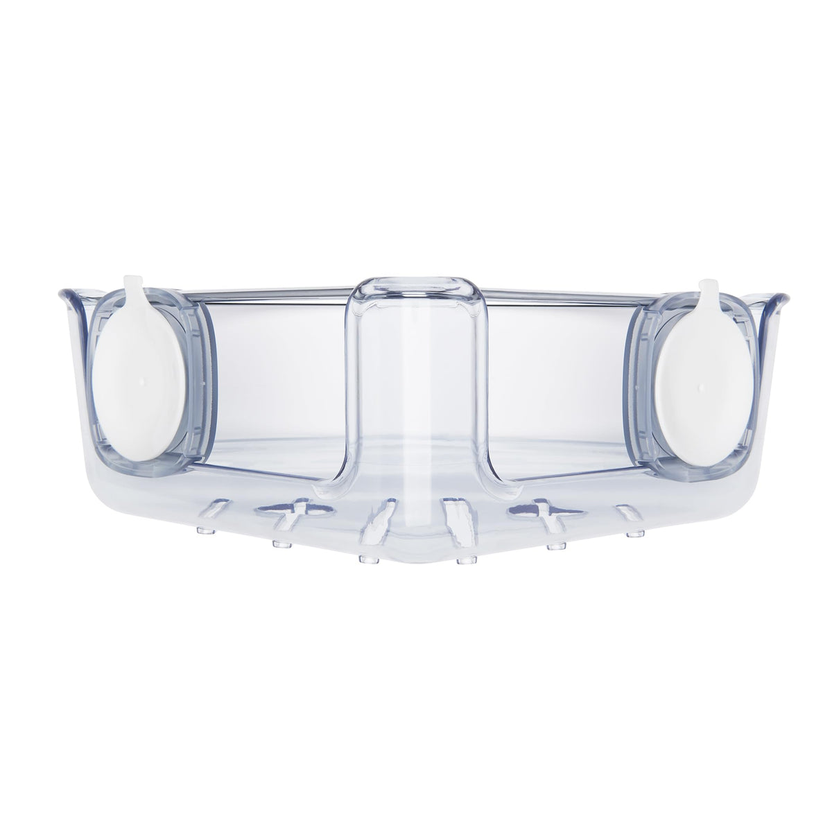 OXO Good Grips StrongHold corner basket attached to shower wall for easy bottle access.