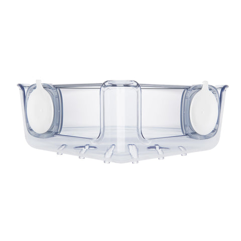 OXO Good Grips StrongHold corner basket attached to shower wall for easy bottle access.