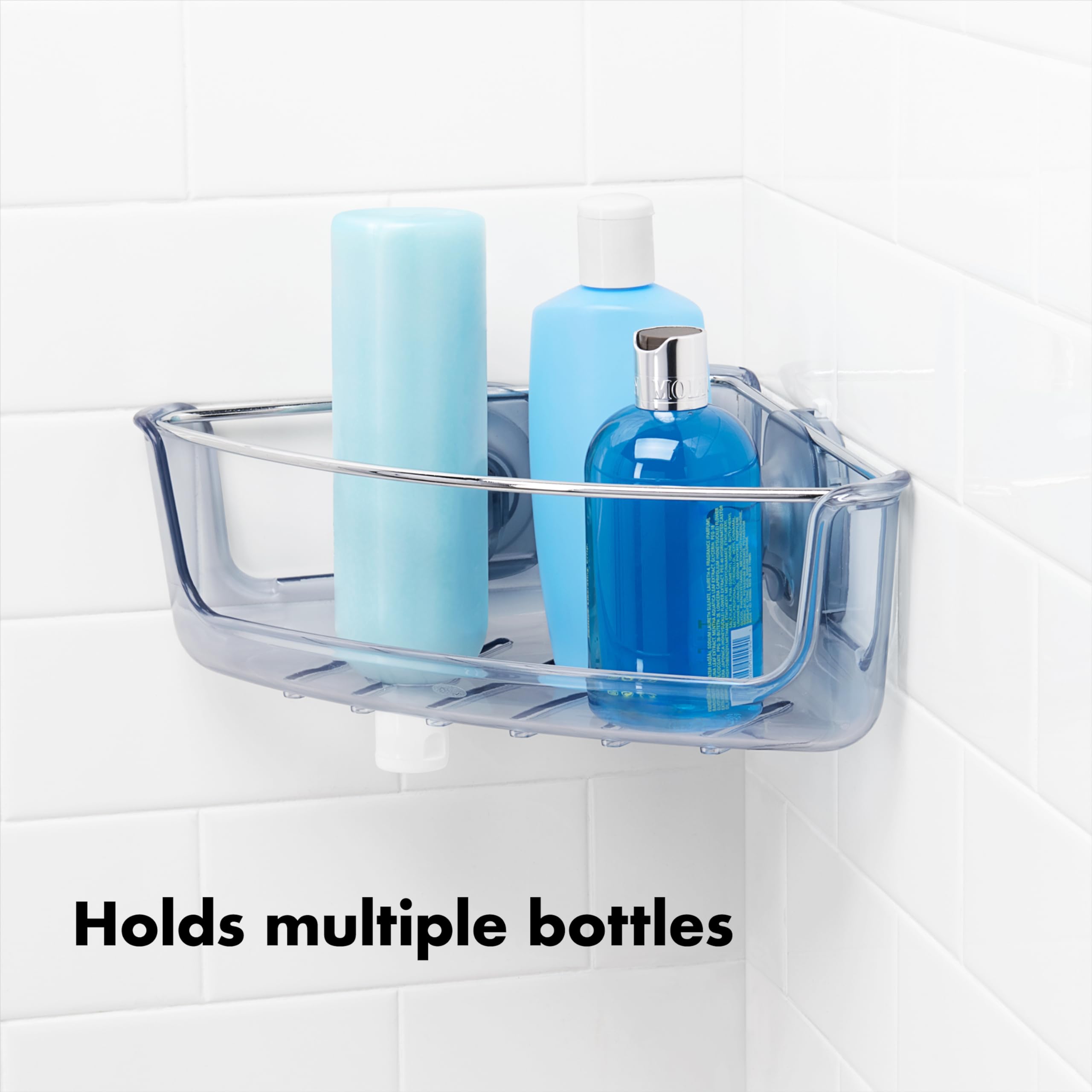 Holes hold upside-down shampoo and conditioner for quick dispensing.