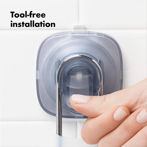 Levers enable tool-free installation and flexible placement away from grout lines.