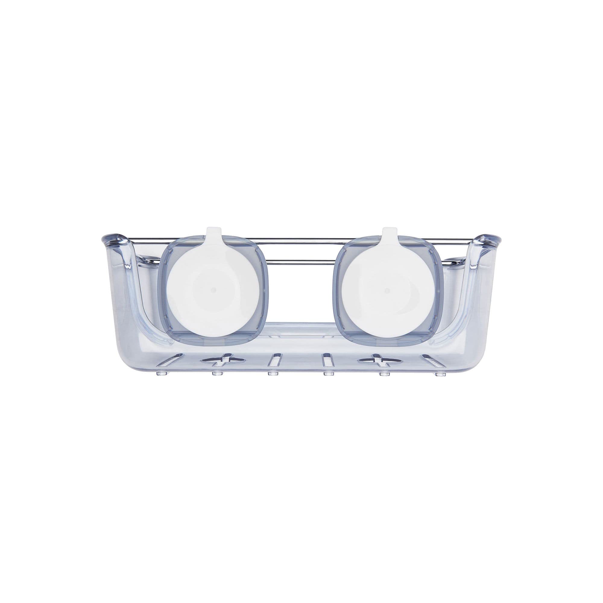 OXO Good Grips Suction Large Basket on glass surface, bottles stored upside down for easy access.