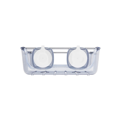 OXO Good Grips Suction Large Basket on glass surface, bottles stored upside down for easy access.