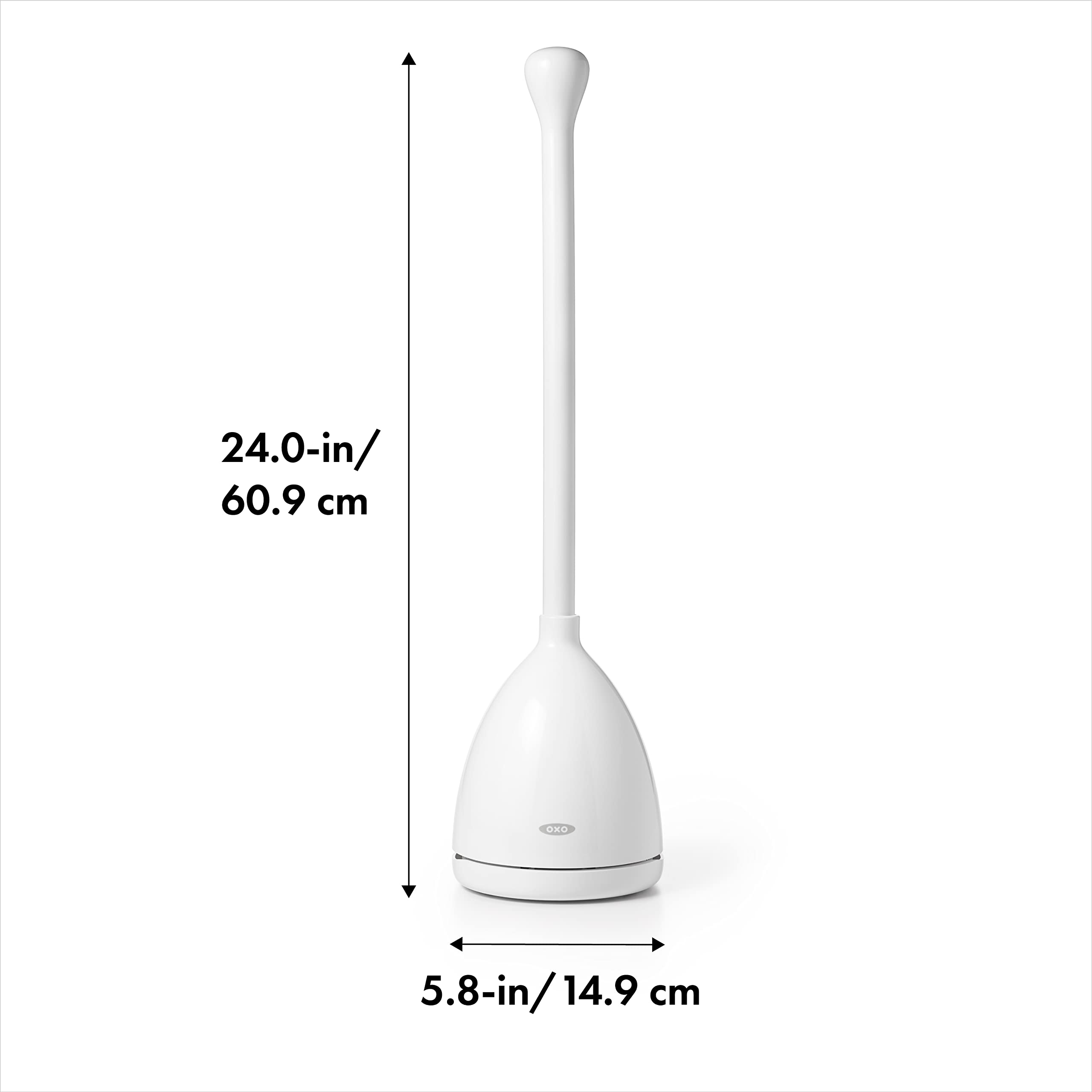 OXO Good Grips toilet plunger canister closes to keep the bathroom neat.