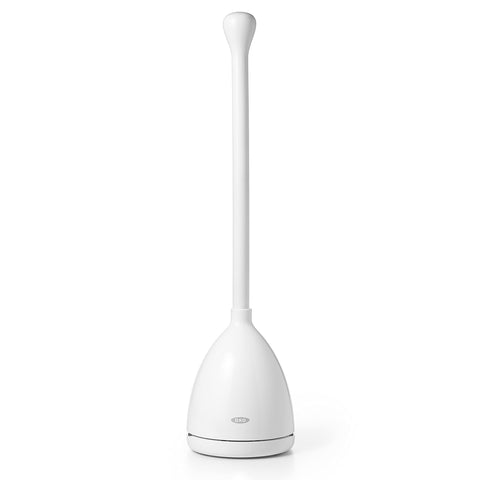 OXO Good Grips toilet plunger canister opens for quick access and mess-free storage.