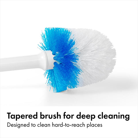 OXO non-slip handle provides secure grip for comfortable scrubbing