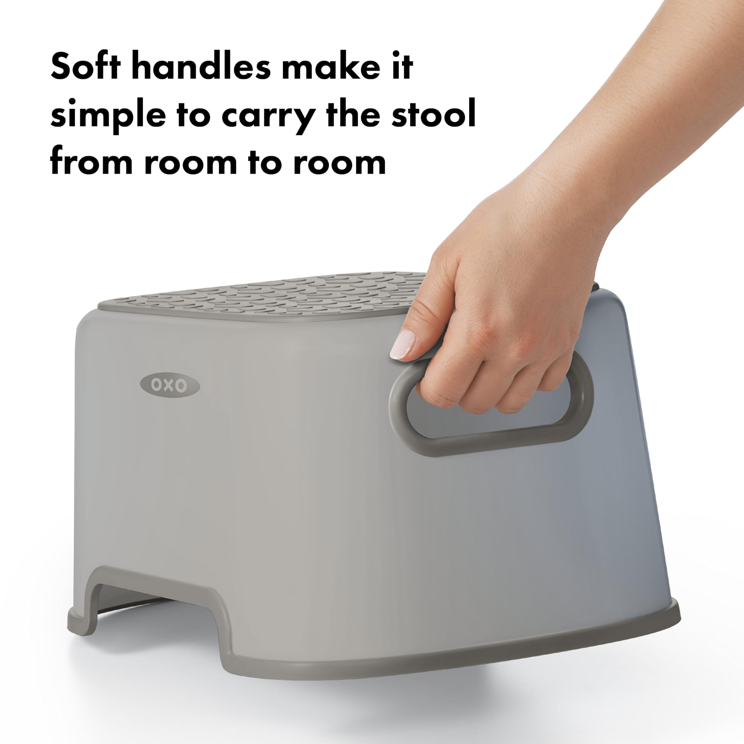 OXO Tot Step Stool Drizzle side view highlights non-slip base and secure handles.