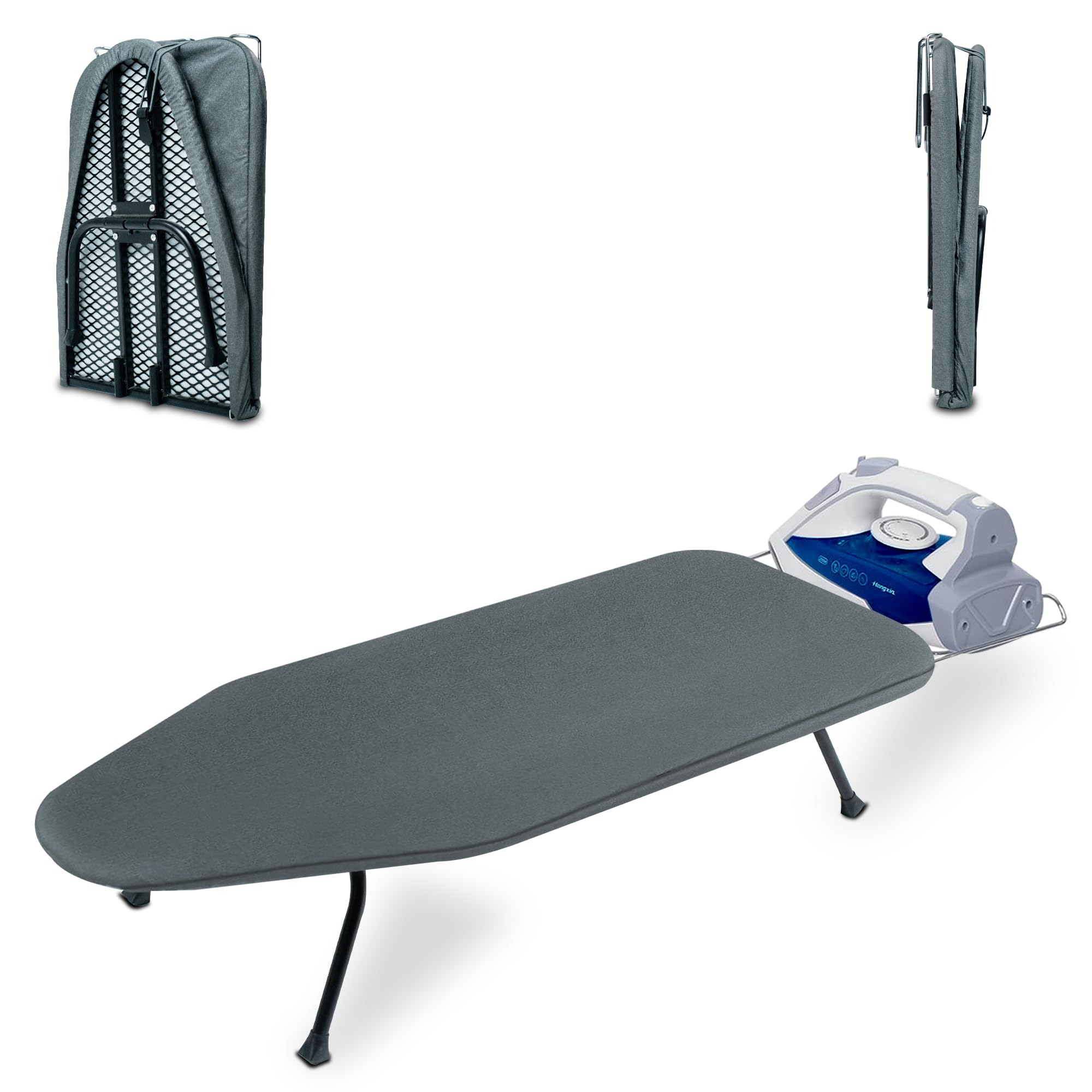 OXZOR metal mesh panel ironing board offers sturdy heat-friendly ironing surface on a compact tabletop