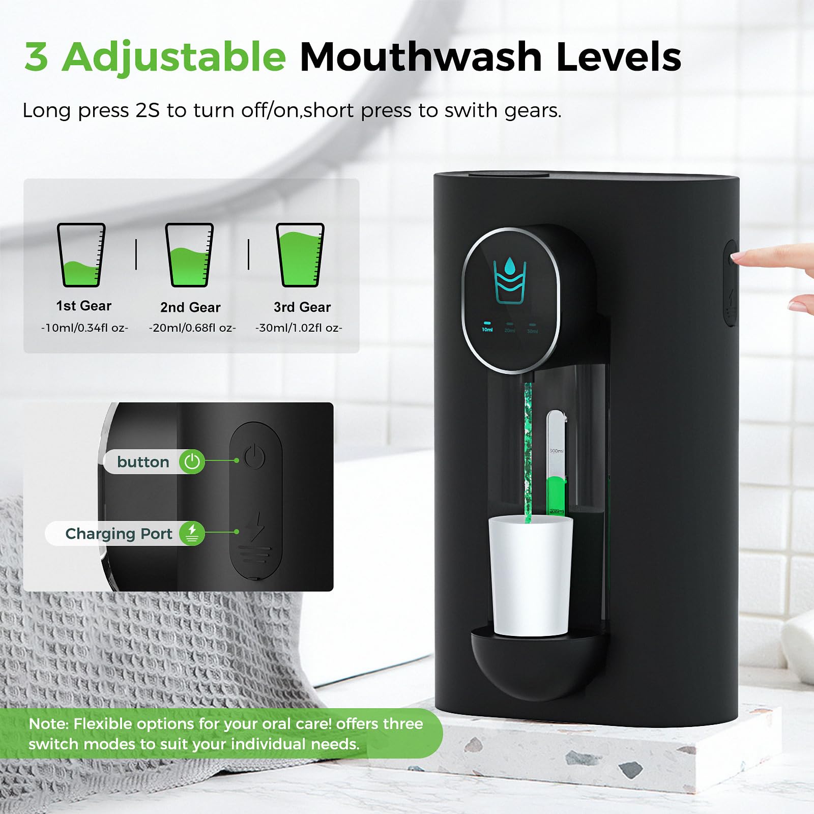 Oylik mouthwash dispenser wall-mounted with three dosing levels for versatile placement
