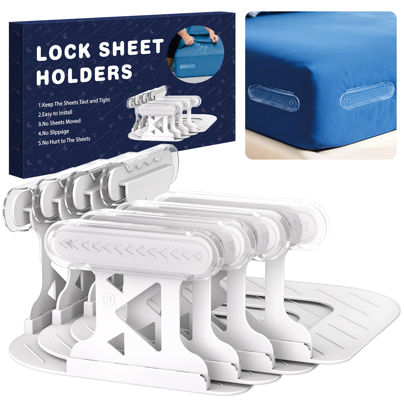 OYORL triangle clip close-up showing secure grip on fitted sheets