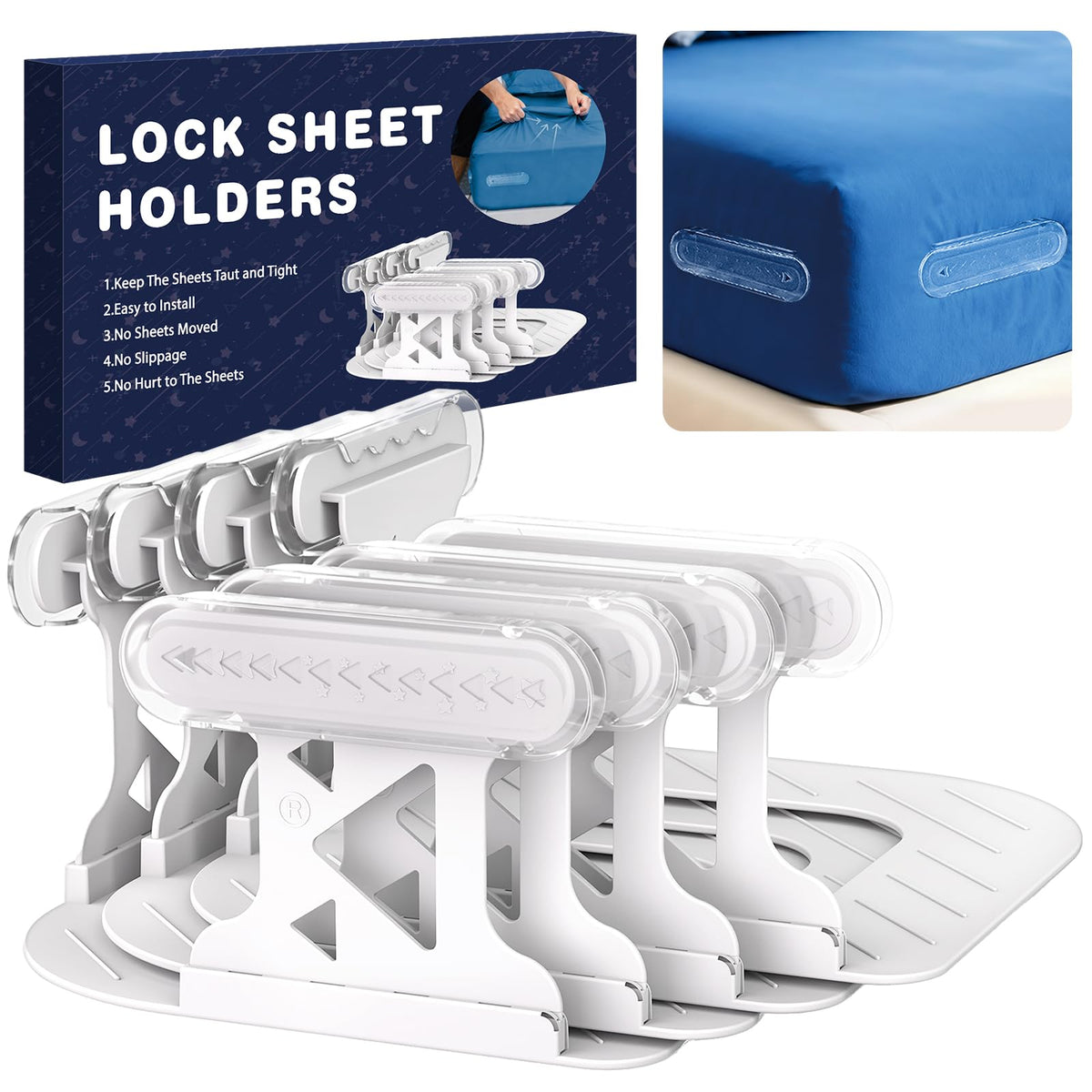 OYORL triangle clip close-up showing secure grip on fitted sheets