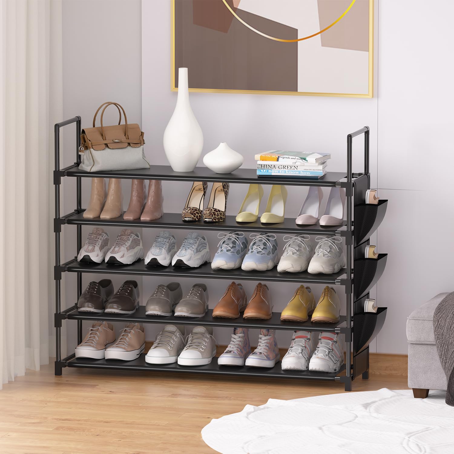OYREL 5-tier shoe organizer rack placed in hallway for storage