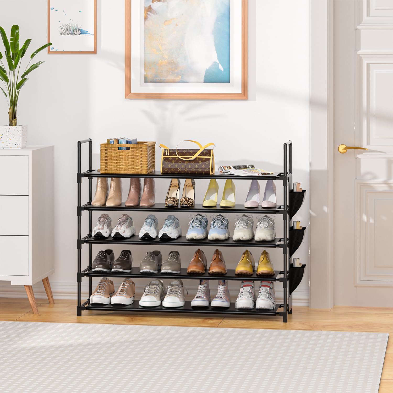 OYREL 5-tier shoe organizer rack with side bag for small items and accessories