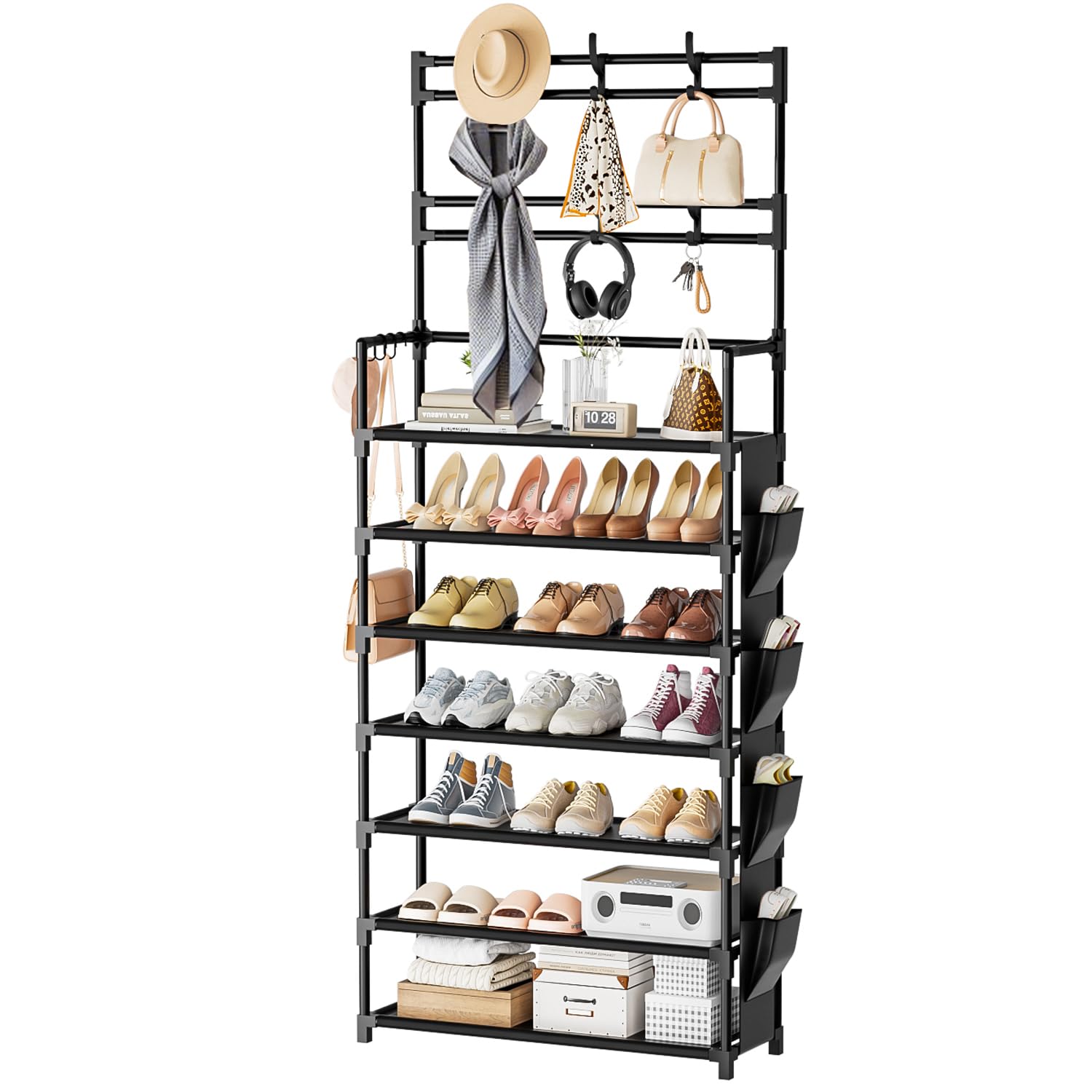 OYREL 7-tier shoe rack at front door showing organized sneakers and sandals.