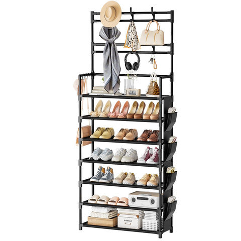 OYREL 7-tier shoe rack at front door showing organized sneakers and sandals.
